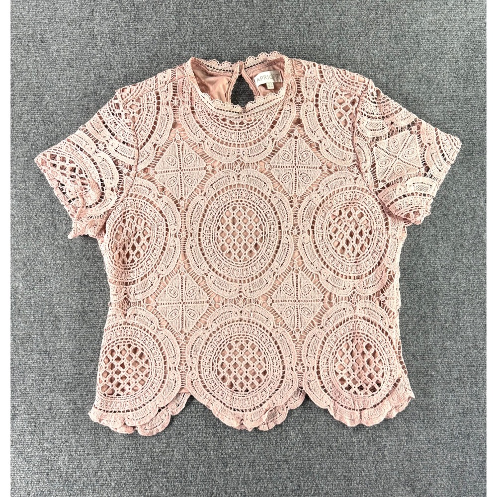 Apricot Womens Pink Crochet Lace Short Sleeve Blouse Scallop Hem Top Size US 12